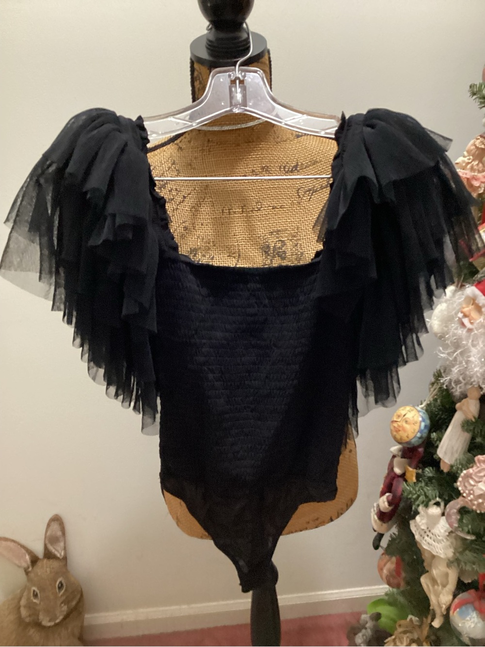 Free People Black Layered Tulle Sleeve Bodysuit
